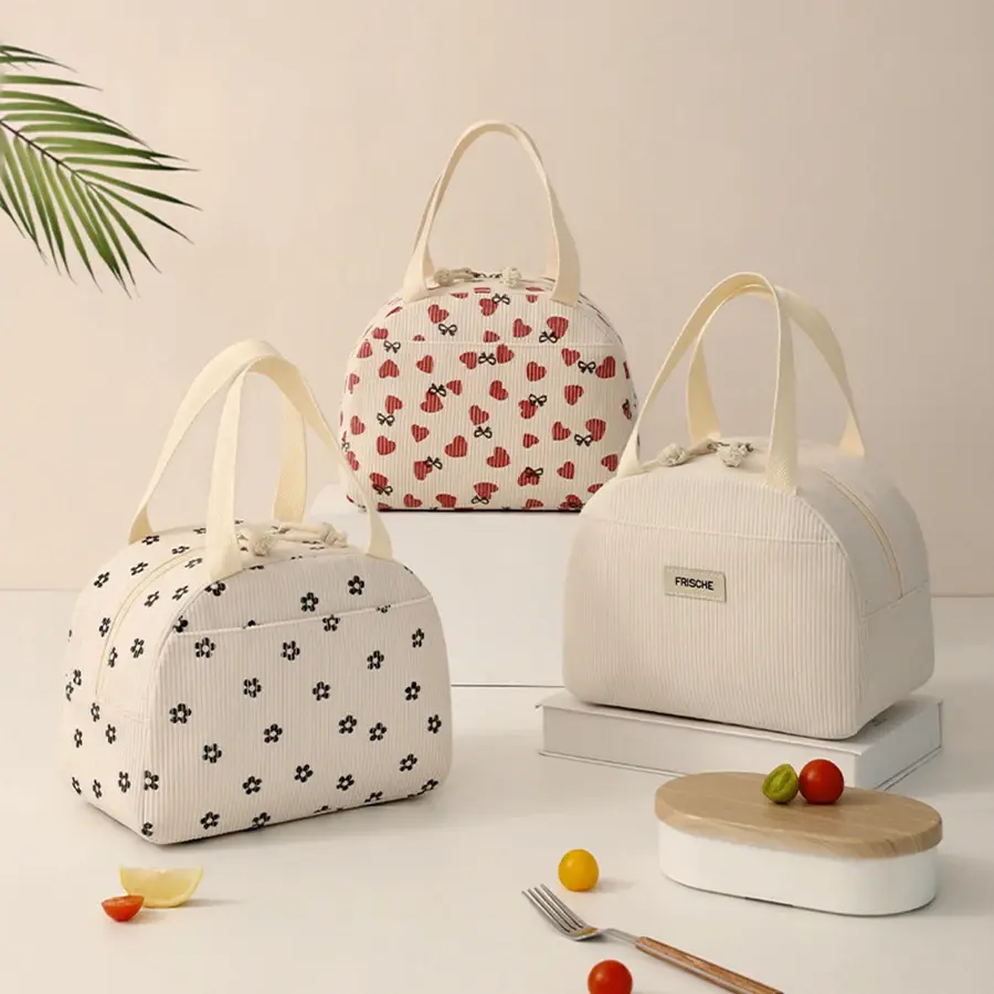 Corduroy Lunch Bag Thermal Insulation Lunch Box Storage Handbag Multifunctional Kid School Cooler Bag Picnic FoodPouch