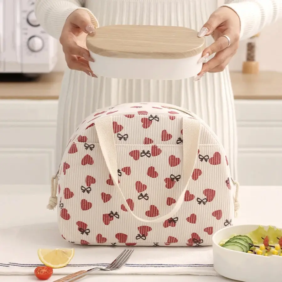 Corduroy Lunch Bag Thermal Insulation Lunch Box Storage Handbag Multifunctional Kid School Cooler Bag Picnic FoodPouch