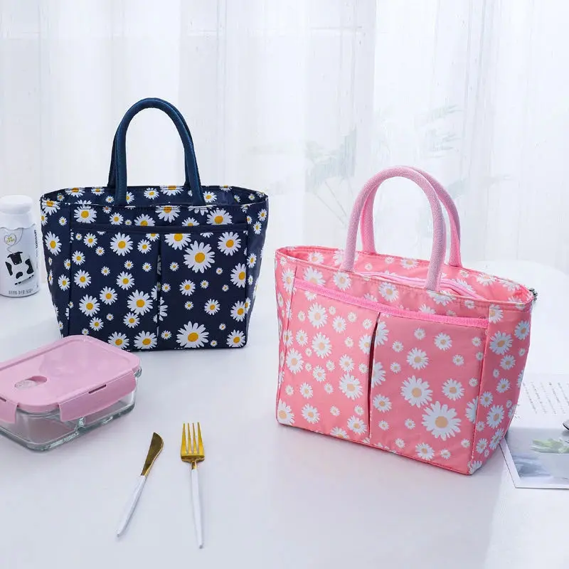 Oxford Cloth Large Capacity Thermal Lunch Bag Daisy Printed Work Food Bento Insulated Pouch Picnic Cooler Bags for School