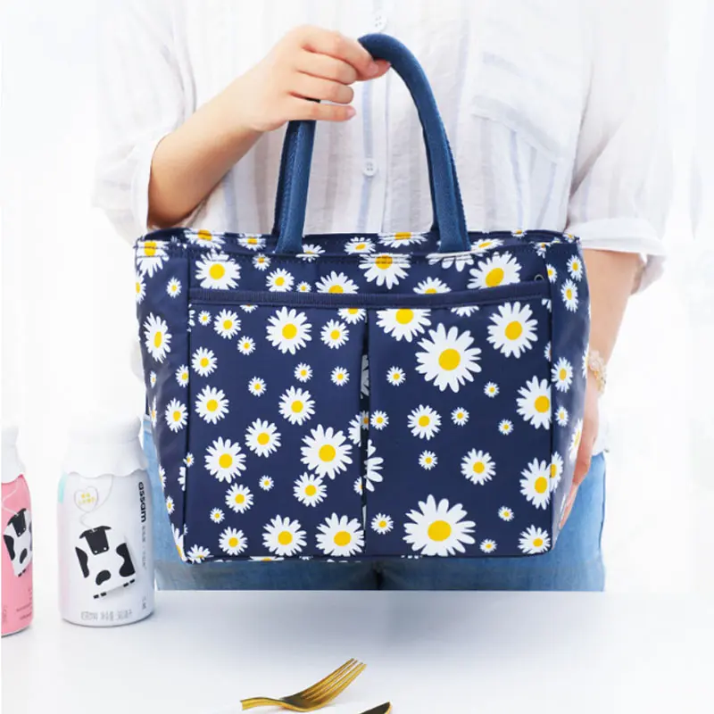 Oxford Cloth Large Capacity Thermal Lunch Bag Daisy Printed Work Food Bento Insulated Pouch Picnic Cooler Bags for School