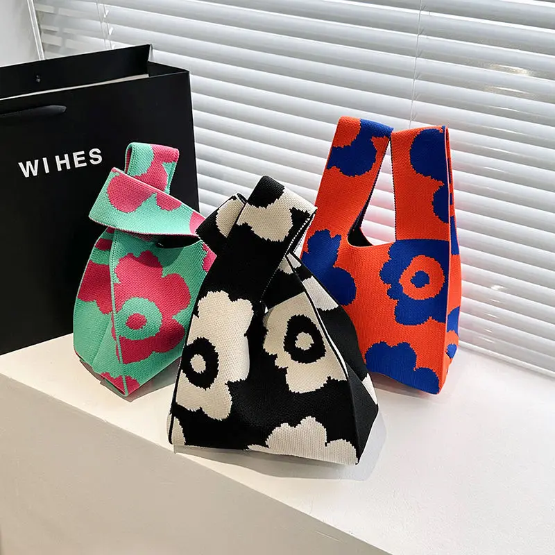 Japanese Art Canvas Handbag Large Capacity Geometric Pattern Shoulder Bag Women's Trendy Versatile Casual Knot Purse & Wrist Bag