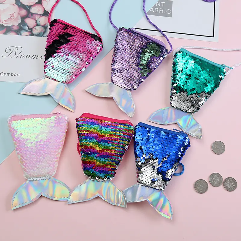 Girls Sequin Mermaid Tail Shoulder Bag Zipper Messenger Bag Coin Purse Crossbody Bags Bling Card Holder Wallet For Kids Gifts
