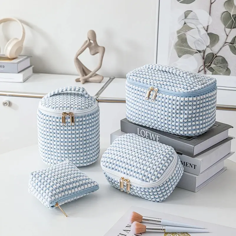 Women's Plush Make Up Bags Plaid Zipper Cosmetic Bag Case Portable Cosmetic Organizer Storage Pouch