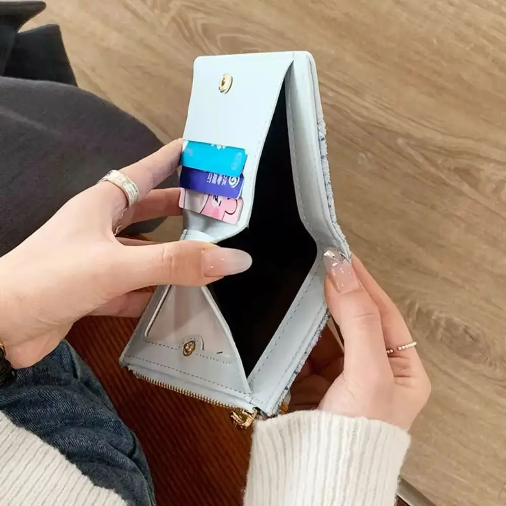 Women Mini Cute PU Leather Thread Short Wallet  Ins Large Capacity Retro Fashion Coin Money Bag