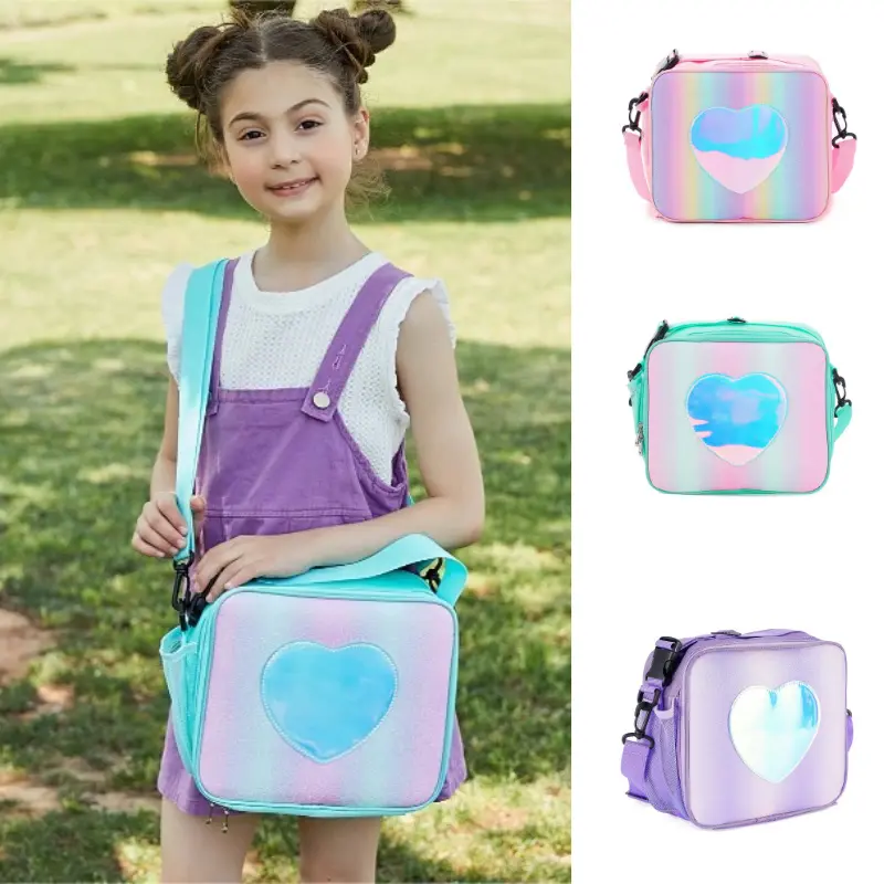 Children Cute Pink Heart Lunch Bag Large Capacity Insulated Lunch Bag Student School Office Bento Bag Portable Picnic Food Bag