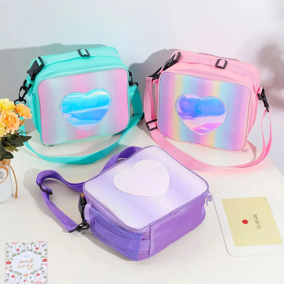 Children Cute Pink Heart Lunch Bag Large Capacity Insulated Lunch Bag Student School Office Bento Bag Portable Picnic Food Bag