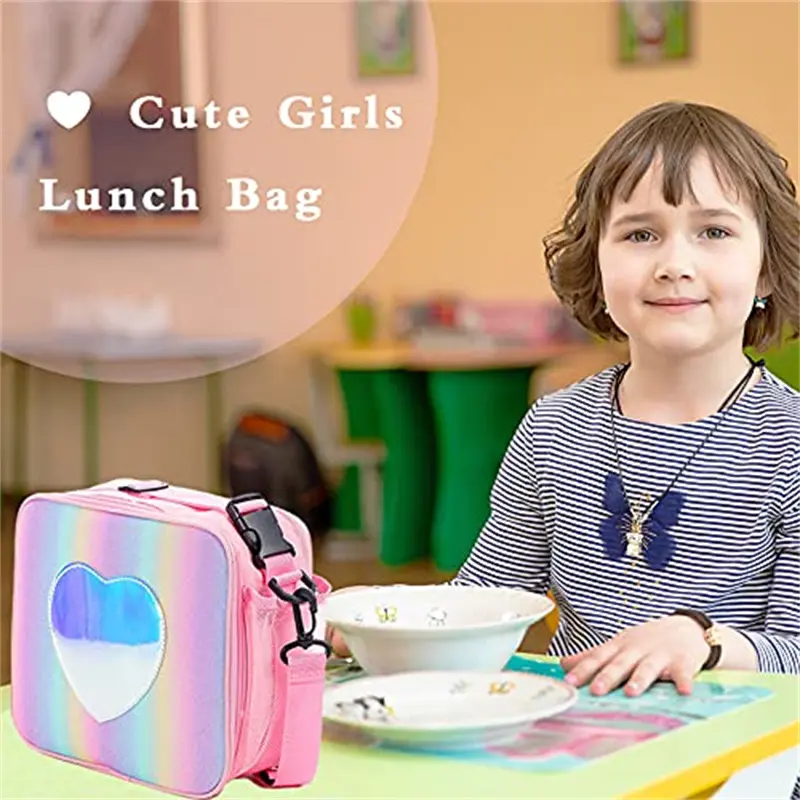 Children Cute Pink Heart Lunch Bag Large Capacity Insulated Lunch Bag Student School Office Bento Bag Portable Picnic Food Bag