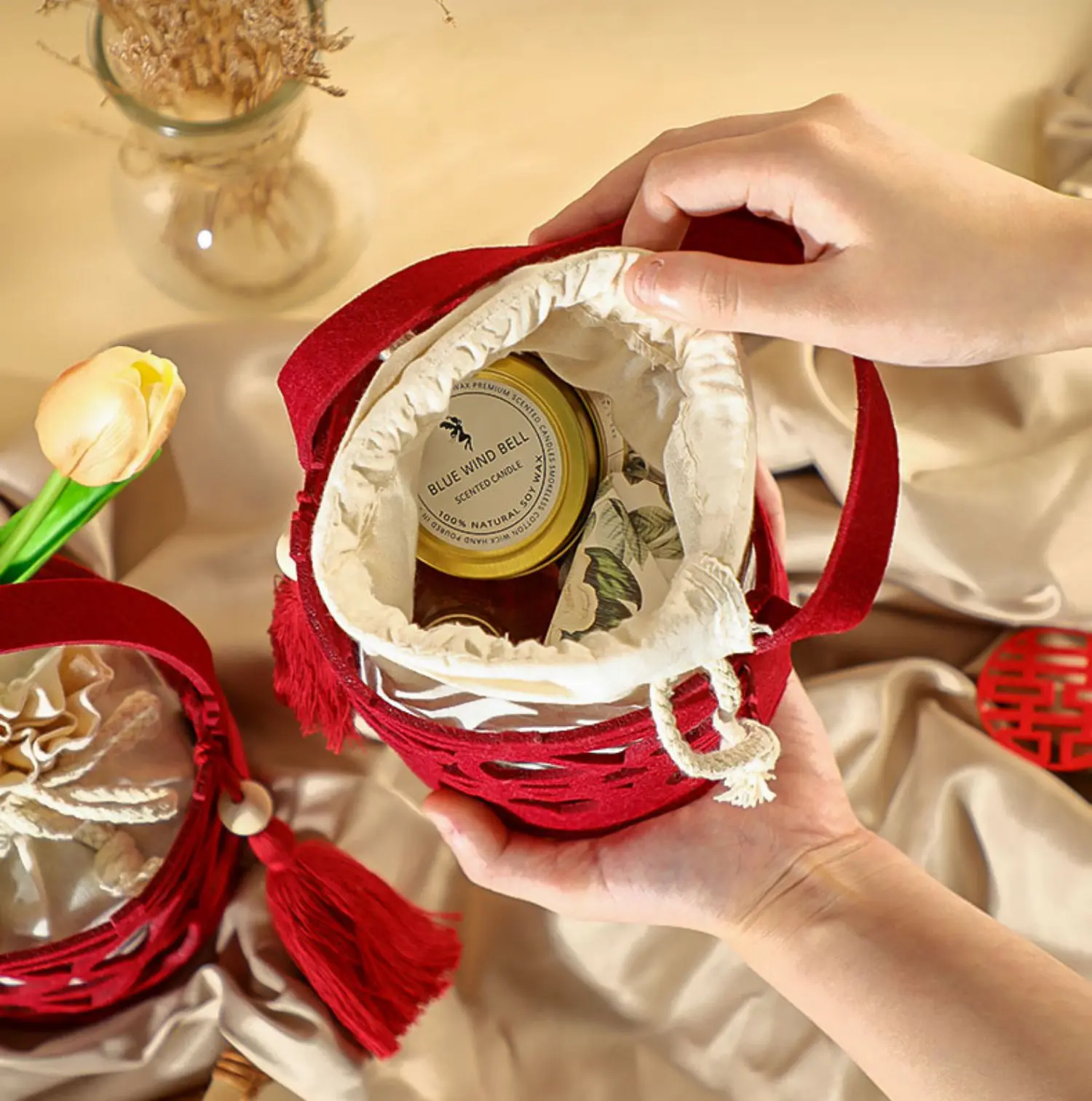 Candy Bags Red Chinese Style Hollow Wedding Felt Handbag Storage Pouch Birthday Party Decoration