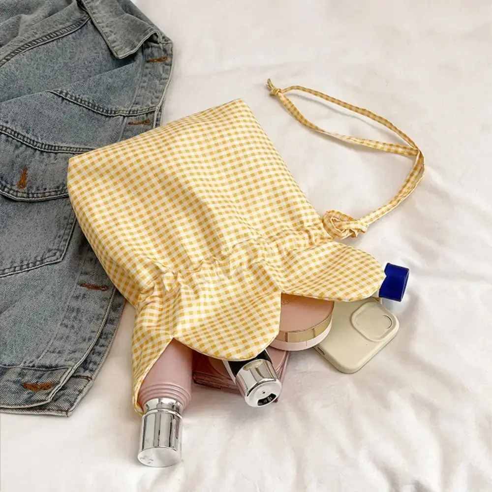 Korean Style Plaid Drawstring Bag Canvas Bundle Pocket Flower Handbag Storage Bag Printing Small Crossbody Bag Shopping