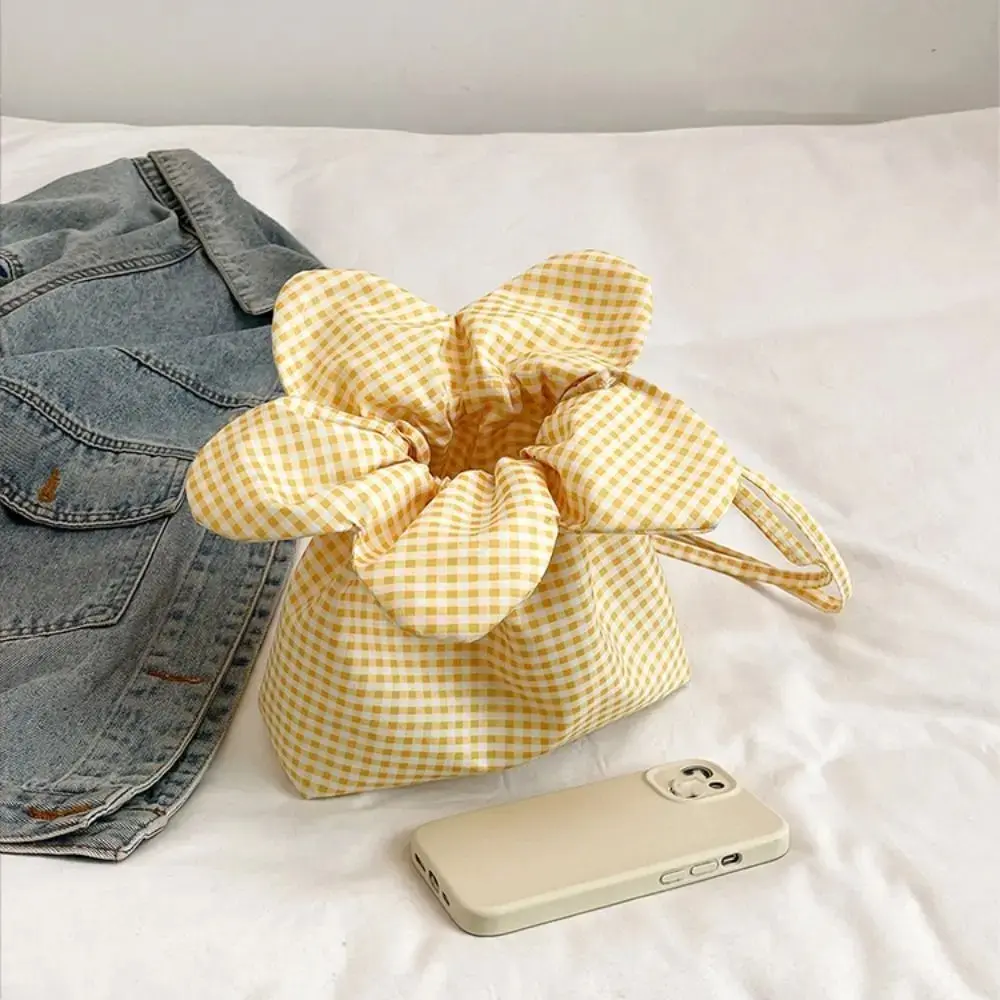 Korean Style Plaid Drawstring Bag Canvas Bundle Pocket Flower Handbag Storage Bag Printing Small Crossbody Bag Shopping
