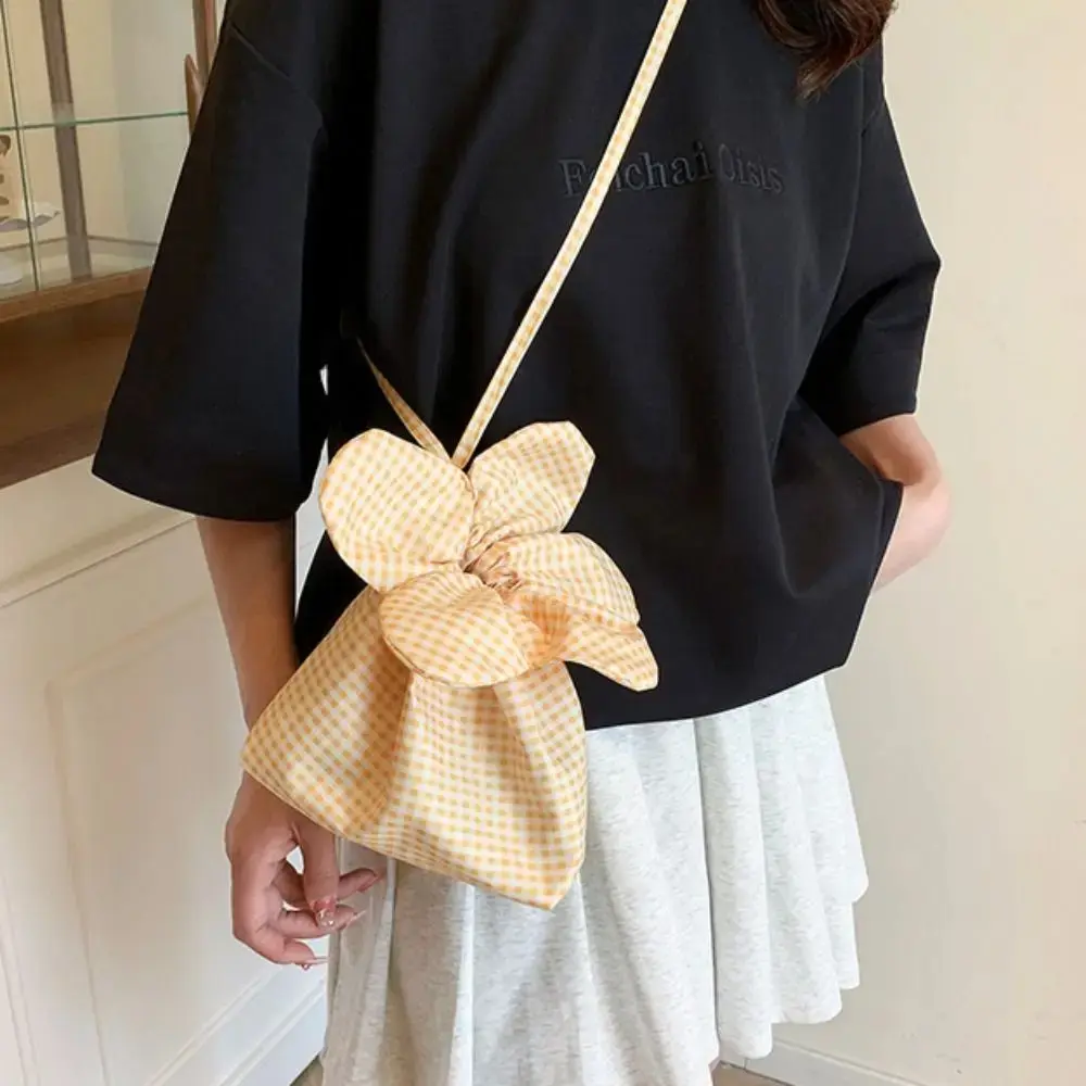 Korean Style Plaid Drawstring Bag Canvas Bundle Pocket Flower Handbag Storage Bag Printing Small Crossbody Bag Shopping