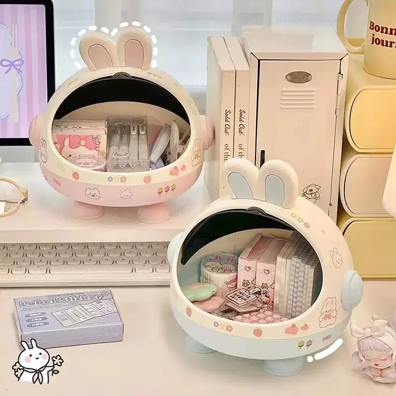 Desktop Rabbit Storage Box Desk Organizer Bin Cute Student Girls Hair Accessories Stationary Storage Kawaii Korean Storage Rack