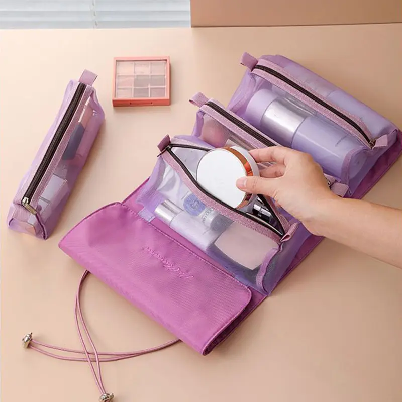 4 In 1 Detachable Makeup Bag Women Zipper Mesh Large Capacity Cosmetics Pouch Foldable Portable Travel Wash Storage Bag