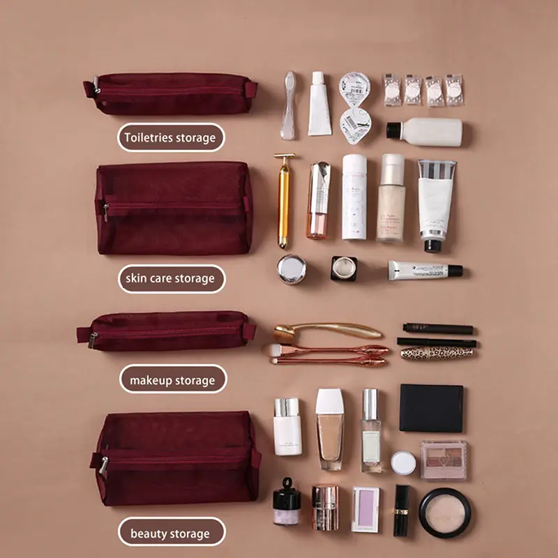 4 In 1 Detachable Makeup Bag Women Zipper Mesh Large Capacity Cosmetics Pouch Foldable Portable Travel Wash Storage Bag