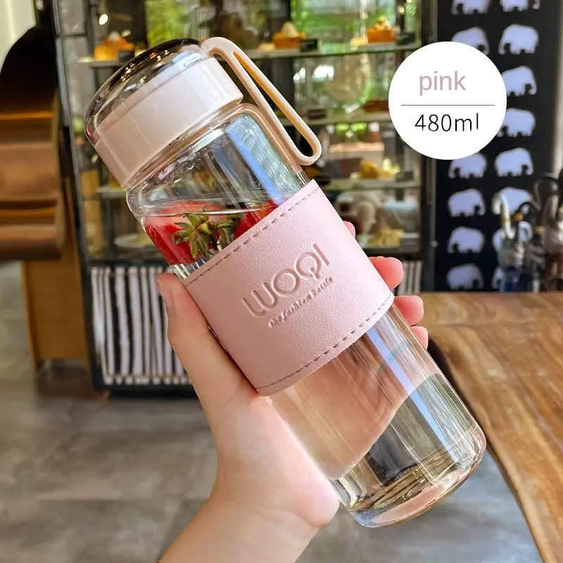 340ML 480ML Portable Glass Bottle Cute Heat ResistantFor Drink Cold Water Juice Tea With Screw Lid Filter Net Easy To Carry