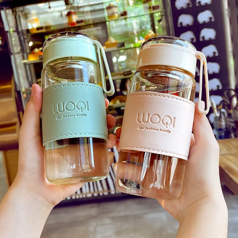 340ML 480ML Portable Glass Bottle Cute Heat ResistantFor Drink Cold Water Juice Tea With Screw Lid Filter Net Easy To Carry
