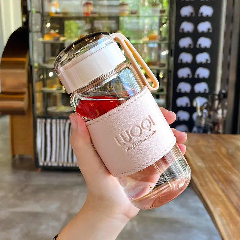 340ML 480ML Portable Glass Bottle Cute Heat ResistantFor Drink Cold Water Juice Tea With Screw Lid Filter Net Easy To Carry