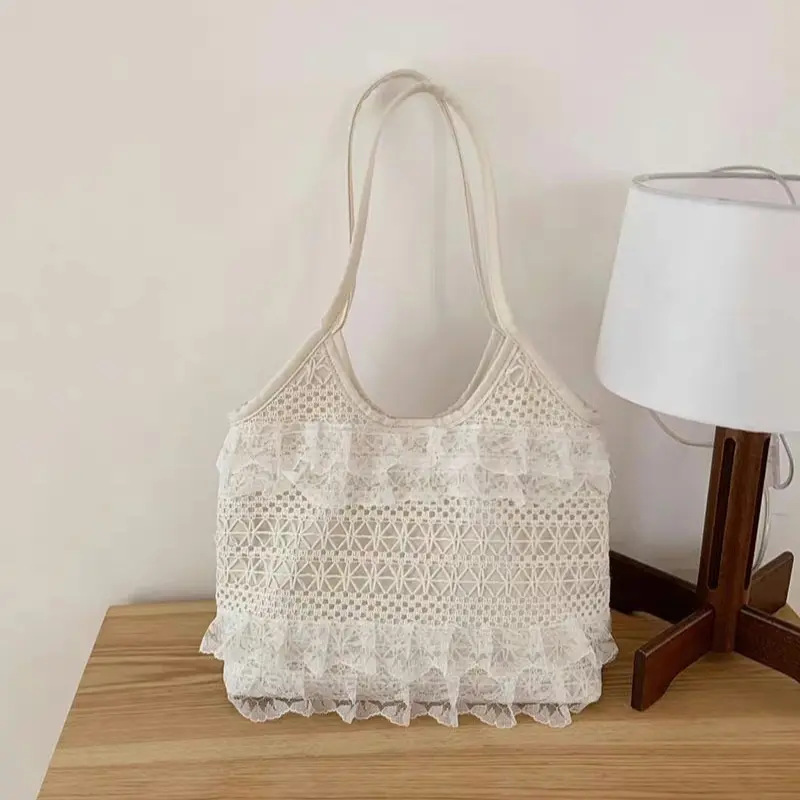 New Summer Casual Vacation Backpack Large Capacity Lace Shoulder Tote Bag Hollow Beach Bag with Ethereal Design