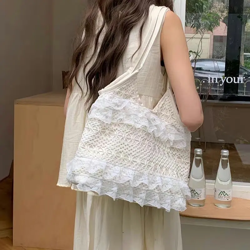 New Summer Casual Vacation Backpack Large Capacity Lace Shoulder Tote Bag Hollow Beach Bag with Ethereal Design