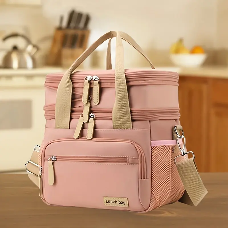 Ladies Work Lunch Bag Double Layer Tote Cooler Insulated  Bag Large Capacity Travel Picnic Lunch Box Handbag with Shoulder Strap