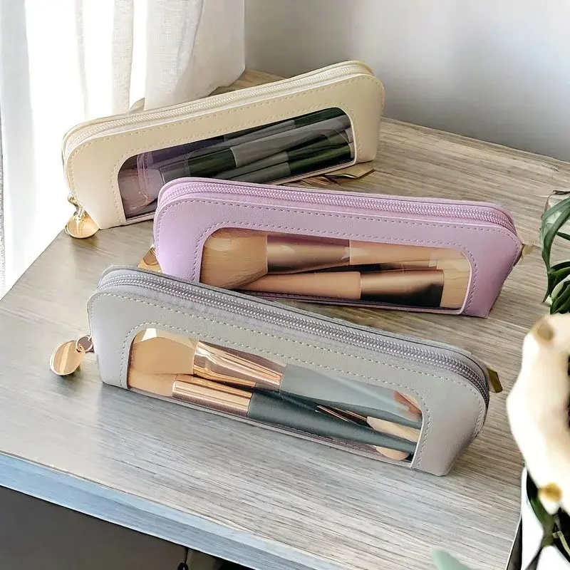 PU Zipper Makeup Brush Storage Bag Pencil Case Portable Waterproof Transparent Cosmetic Bag Sundries Organizers Stationery Gifts
