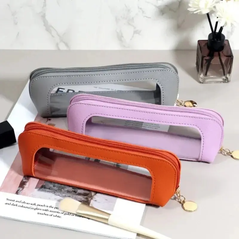PU Zipper Makeup Brush Storage Bag Pencil Case Portable Waterproof Transparent Cosmetic Bag Sundries Organizers Stationery Gifts