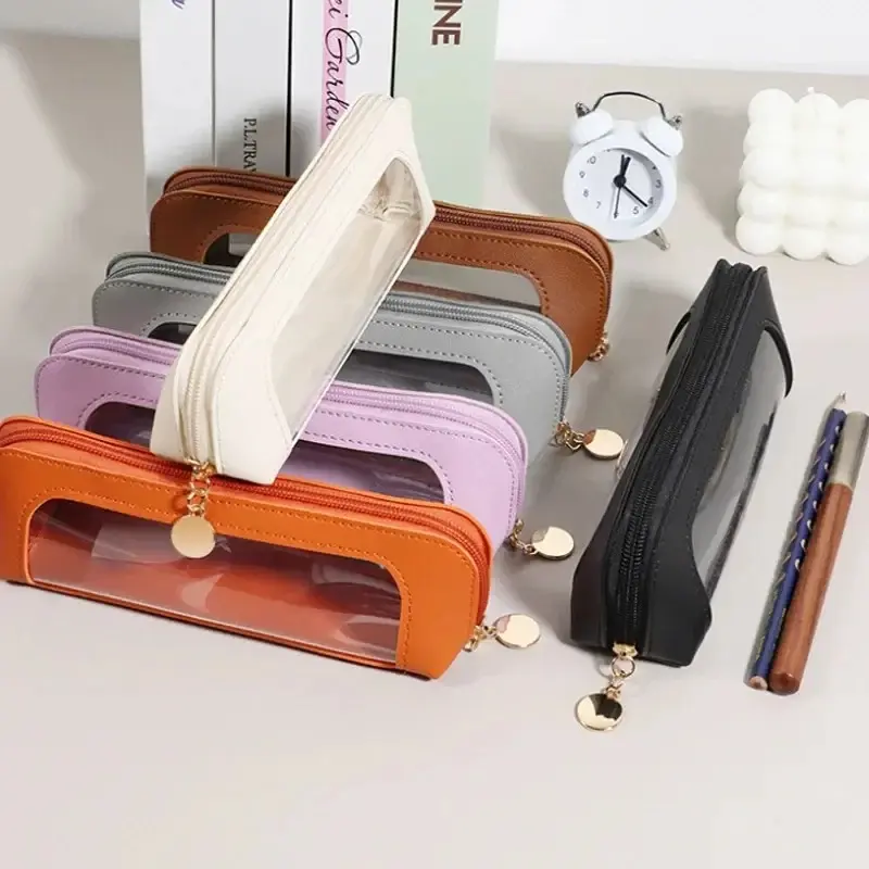 PU Zipper Makeup Brush Storage Bag Pencil Case Portable Waterproof Transparent Cosmetic Bag Sundries Organizers Stationery Gifts