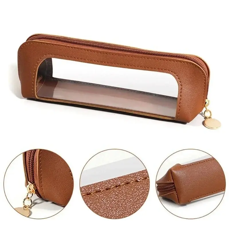 PU Zipper Makeup Brush Storage Bag Pencil Case Portable Waterproof Transparent Cosmetic Bag Sundries Organizers Stationery Gifts