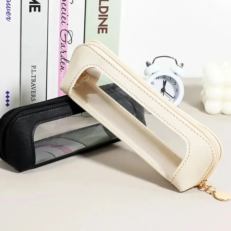 PU Zipper Makeup Brush Storage Bag Pencil Case Portable Waterproof Transparent Cosmetic Bag Sundries Organizers Stationery Gifts
