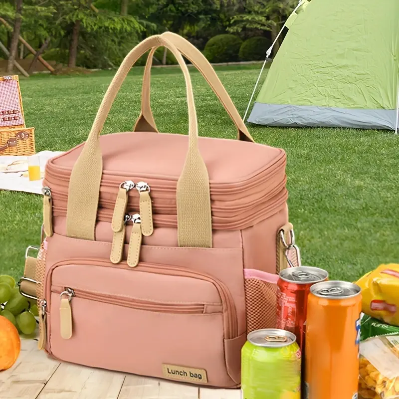 Ladies Work Lunch Bag Double Layer Tote Cooler Insulated  Bag Large Capacity Travel Picnic Lunch Box Handbag with Shoulder Strap