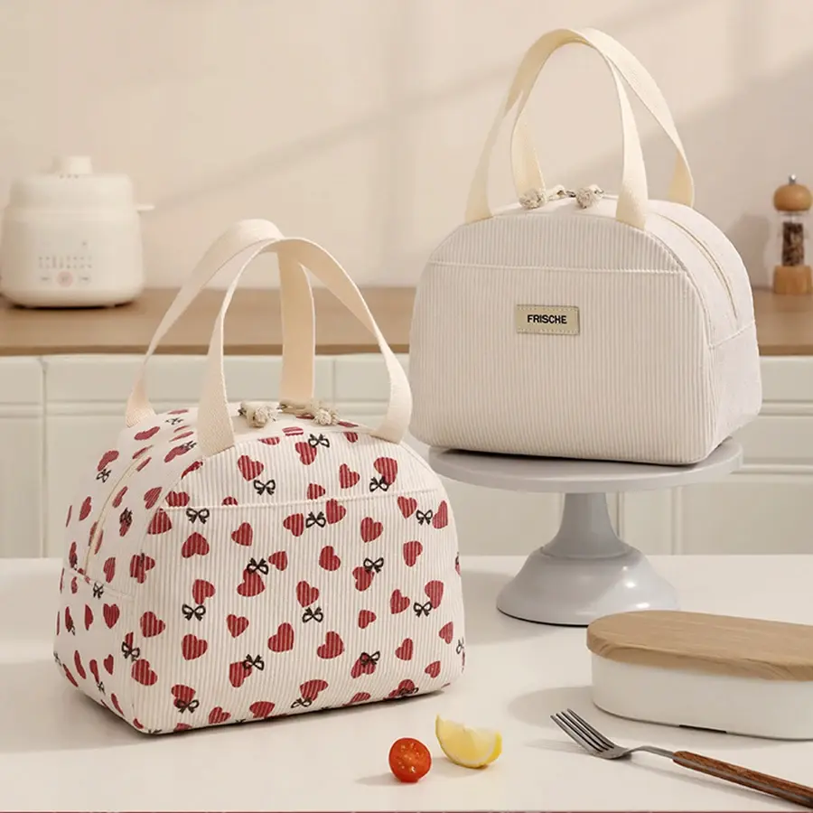 Portable Corduroy Lunch Bags Thermal Insulation Lunch Box Cute Print Women Lunch Storage Bag Picnic Bento Large Capacity Handbag