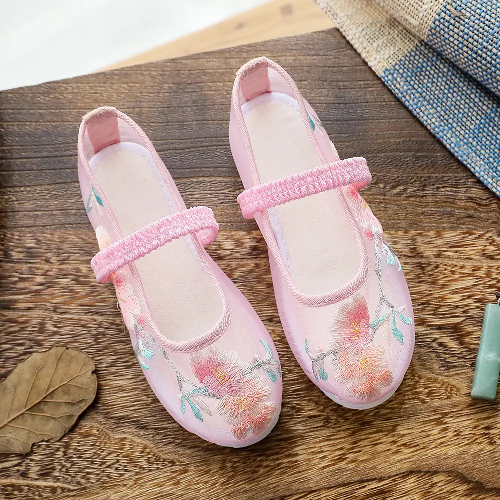 Veowalk Summer 1-14 Year Children Girls Mesh Ballet Flats with Platforms Chinese Embroidery Kids' Casual Play Shoes Comfortable
