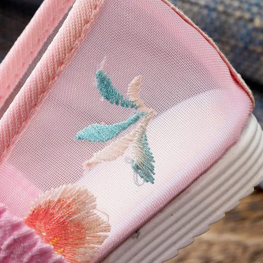 Veowalk Summer 1-14 Year Children Girls Mesh Ballet Flats with Platforms Chinese Embroidery Kids' Casual Play Shoes Comfortable