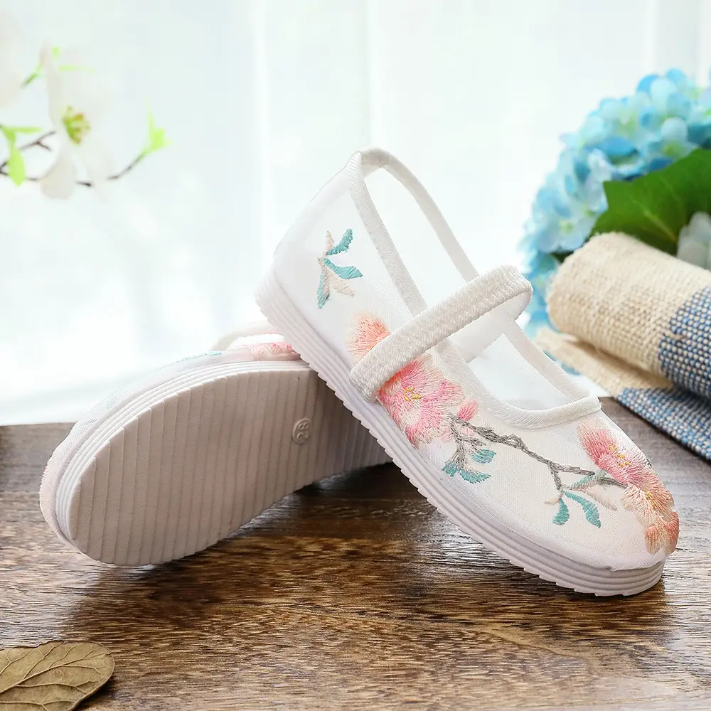Veowalk Summer 1-14 Year Children Girls Mesh Ballet Flats with Platforms Chinese Embroidery Kids' Casual Play Shoes Comfortable