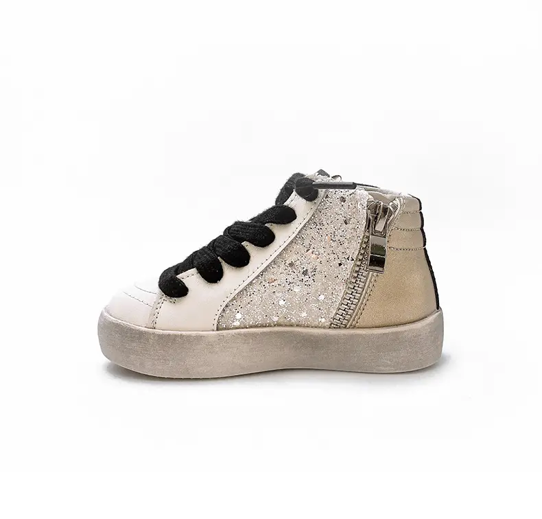 Luxury Glitter Slide Powder Black Pink Mid-Top Glitter Leather Sneakers Star Wave Kids Leather Glitter High Top Sports Trainers