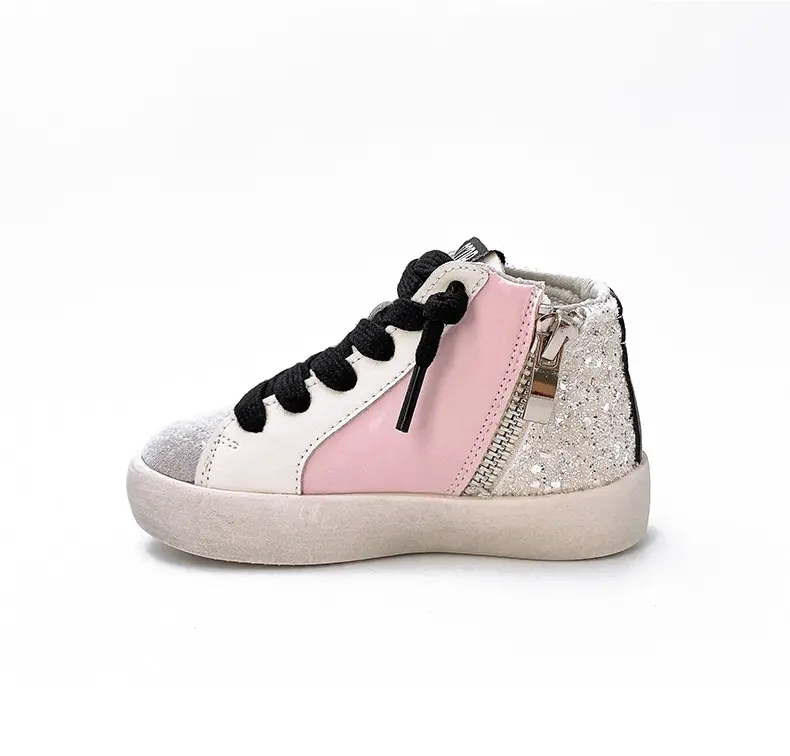 Luxury Glitter Slide Powder Black Pink Mid-Top Glitter Leather Sneakers Star Wave Kids Leather Glitter High Top Sports Trainers