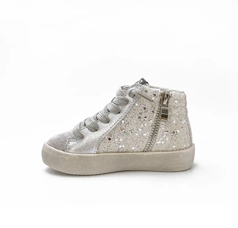 Luxury Glitter Slide Powder Black Pink Mid-Top Glitter Leather Sneakers Star Wave Kids Leather Glitter High Top Sports Trainers