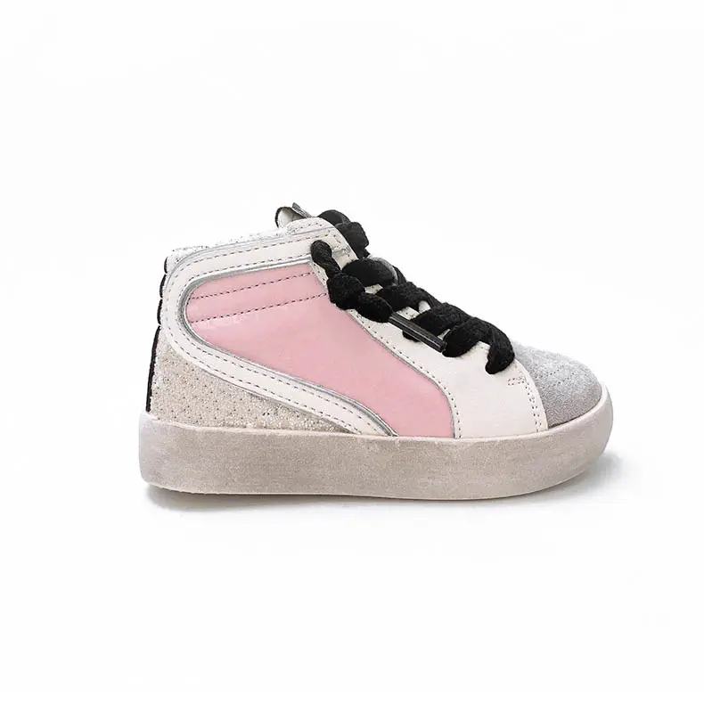 Luxury Glitter Slide Powder Black Pink Mid-Top Glitter Leather Sneakers Star Wave Kids Leather Glitter High Top Sports Trainers