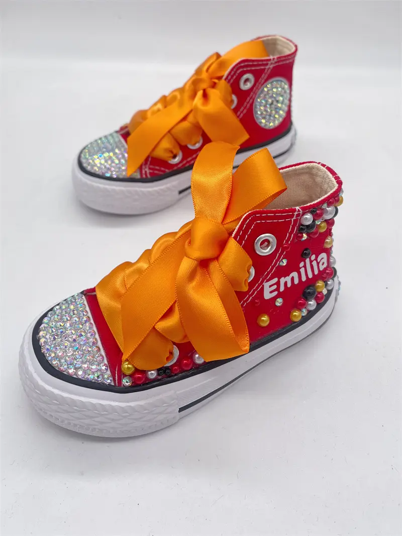 Dollbling Personalised Rhinestone Toddlers Youth Red Canvas Pumps Crystal Special Occasion Shoes Any Name Print Shoes