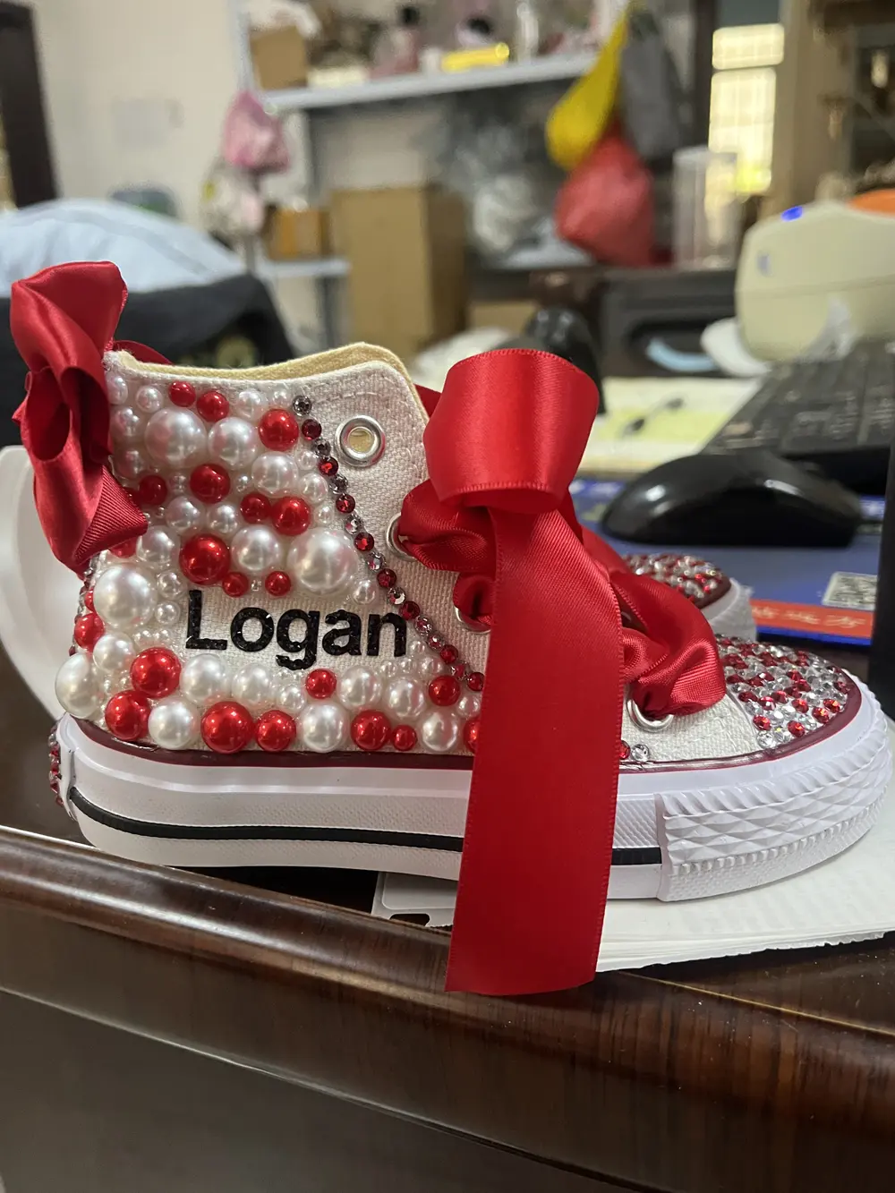 Dollbling Personalised Rhinestone Toddlers Youth Red Canvas Pumps Crystal Special Occasion Shoes Any Name Print Shoes
