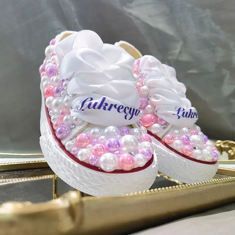 Name Date Custom Kids Canvas For Girl  Crystals Diamond Birthday Party Shoes Dollbling Handmade Bling Pears Sneakers