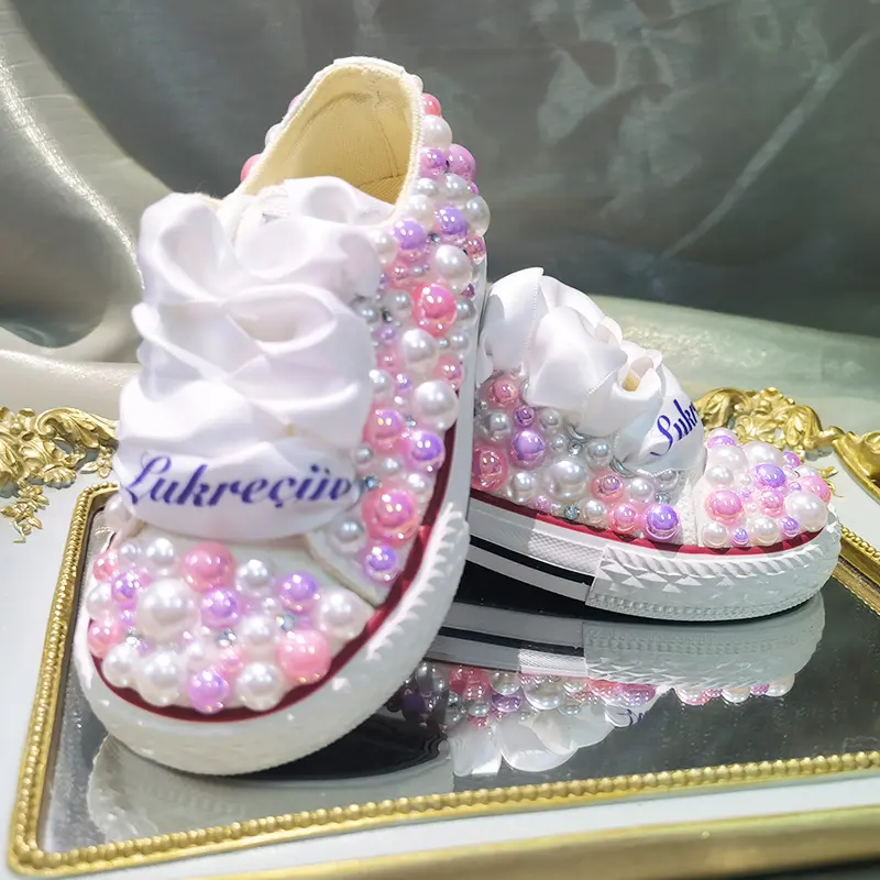 Name Date Custom Kids Canvas For Girl  Crystals Diamond Birthday Party Shoes Dollbling Handmade Bling Pears Sneakers