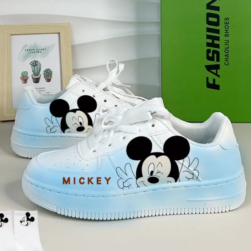Disney Girls' White Shoes PU Leather Cartoon Mickey Mouse Shoes Girl Baby Waterproof Sports Shoes Flats Size 35-44