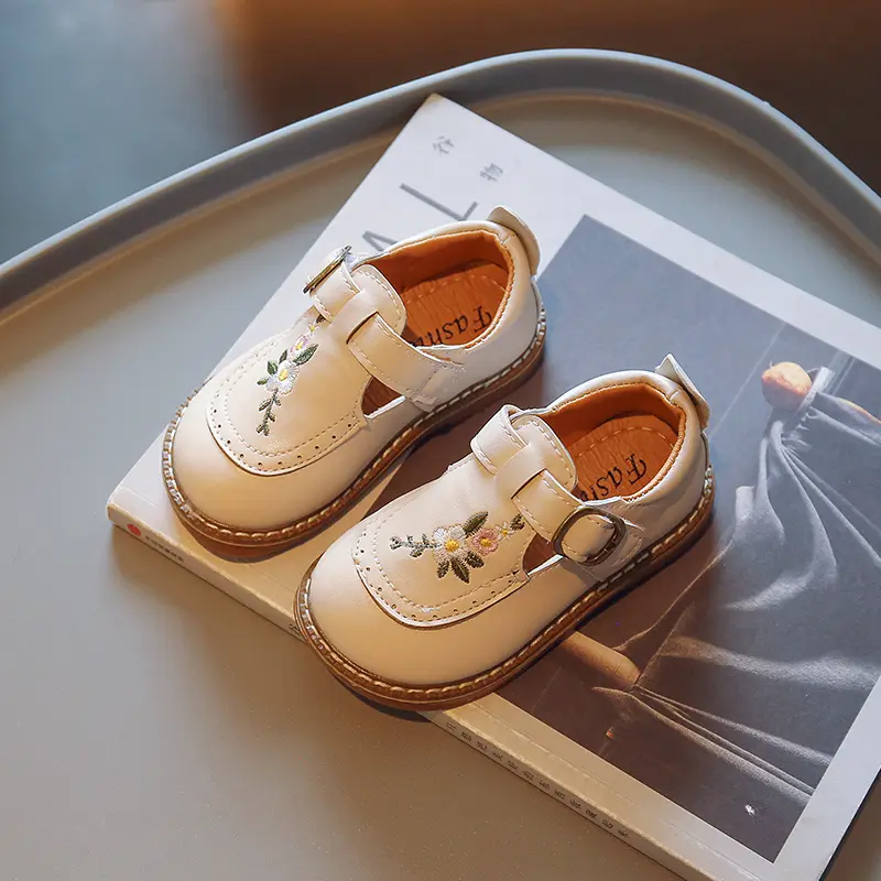 Baby Girl Mary Janes Embroidery Flower Beige Khaki Toddler Children Autumn Shoes Vintage Cover Toe Comfortable 22-31 Kids Shoes