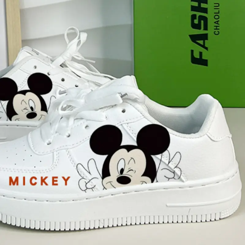 Disney Girls' White Shoes PU Leather Cartoon Mickey Mouse Shoes Girl Baby Waterproof Sports Shoes Flats Size 35-44