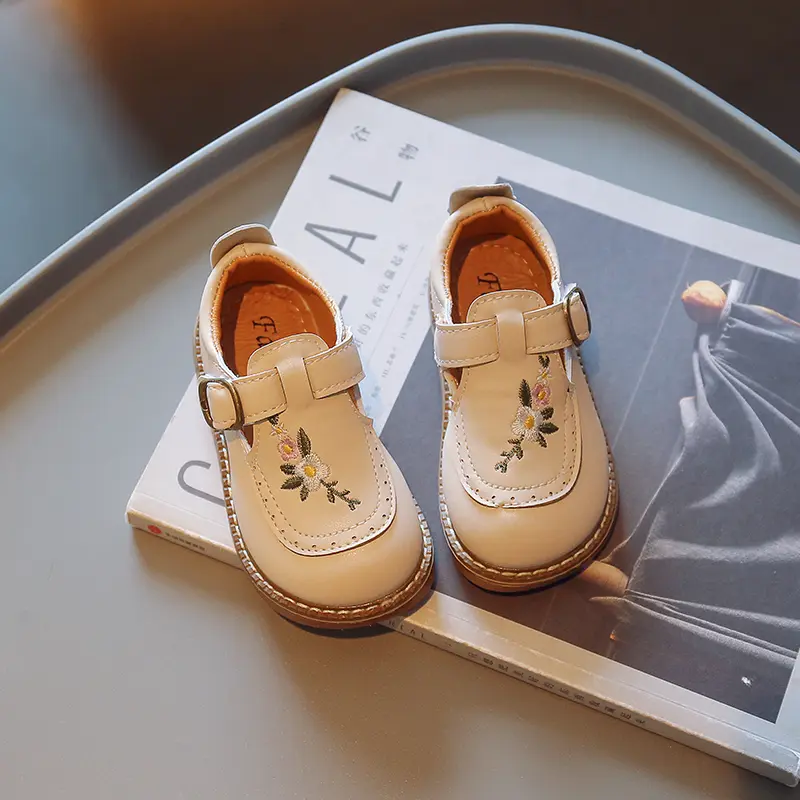 Baby Girl Mary Janes Embroidery Flower Beige Khaki Toddler Children Autumn Shoes Vintage Cover Toe Comfortable 22-31 Kids Shoes