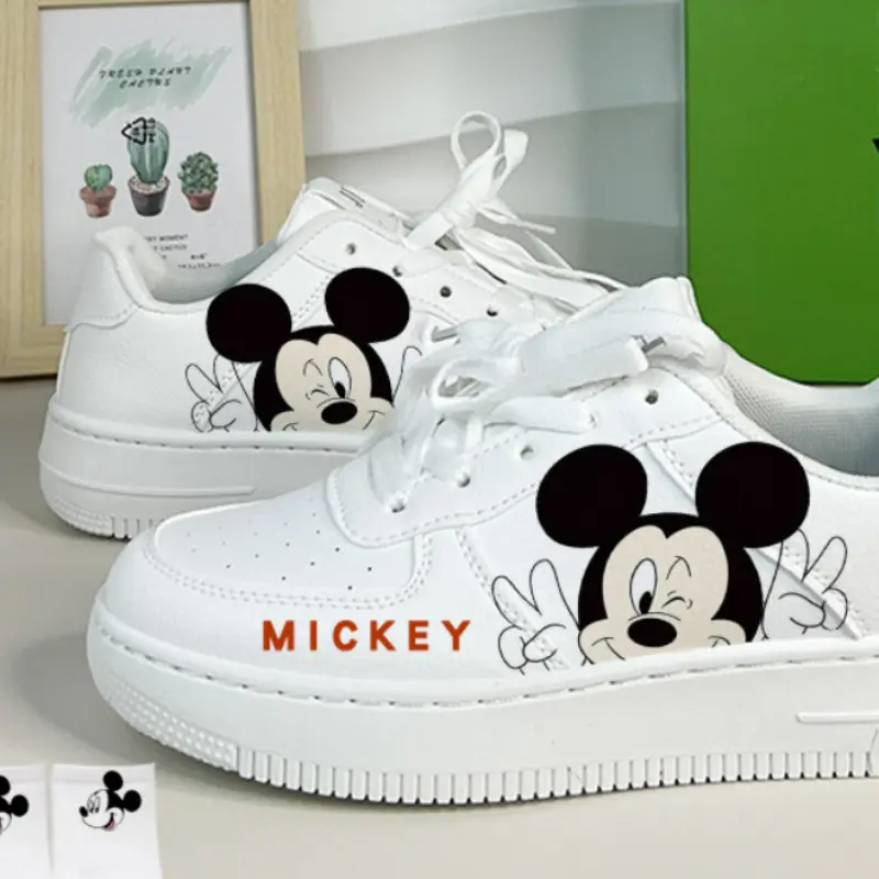 Disney Girls' White Shoes PU Leather Cartoon Mickey Mouse Shoes Girl Baby Waterproof Sports Shoes Flats Size 35-44