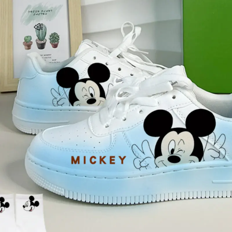 Disney Girls' White Shoes PU Leather Cartoon Mickey Mouse Shoes Girl Baby Waterproof Sports Shoes Flats Size 35-44