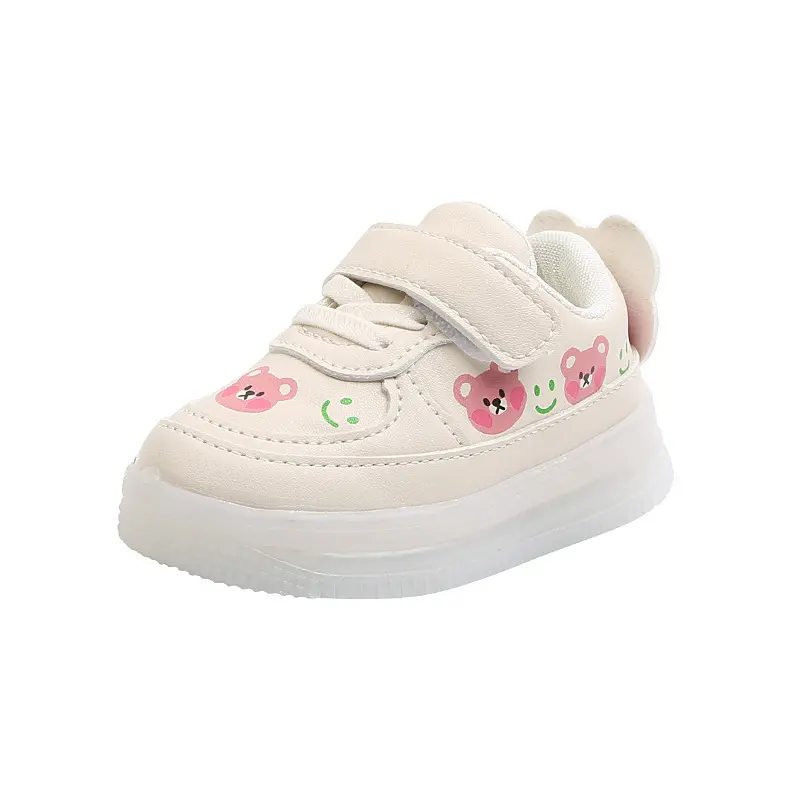 Disney LED Casual Sneakers For Spring Outdoor Cartoon Shoes Children Lighted Non-slip PU Leather Bear White Shoes Size 21-30