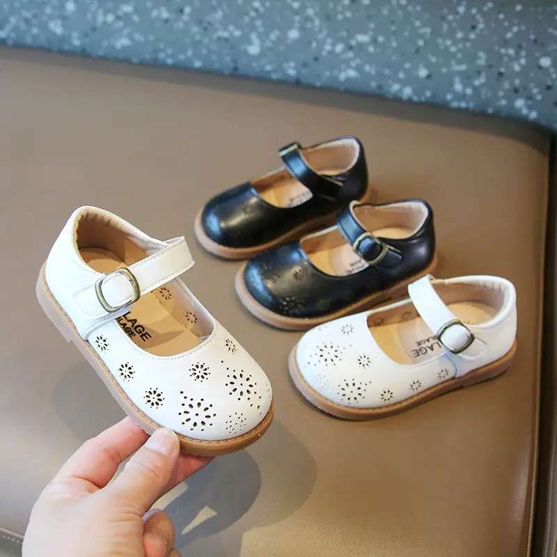 Toddler Children Mary Janes Cut-outs Black Beige Retro Kids Leather Shoes Shallow Breathable Autumn Hook-loop Girl's Flat Shoe